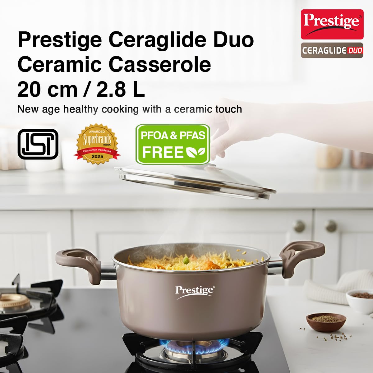 Prestige Ceraglide Duo Casserole 20cm/2.8L with Glass Lid Non-Stick Ceramic Coating|Works On Gas & Induction|High Heating|Cool Touch Handle|Grey