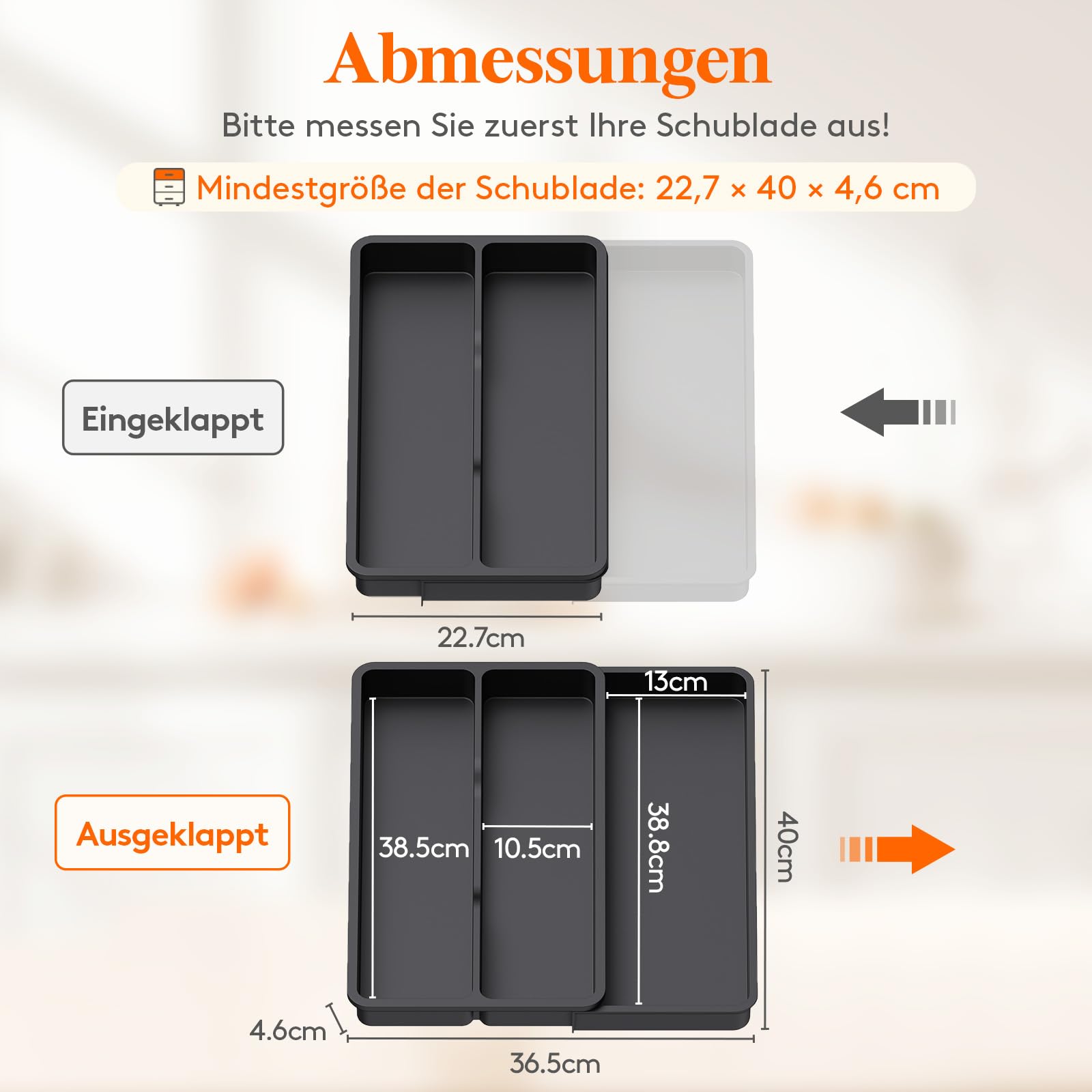 Lifewit Besteckkasten für Schubladen, Küchenutensilienhalter erweiterbar auf 36,5 cm, Schmale Schubladen Organizer Küche Tiefe 40 cm, Kunststoff Utensilienständer für Spatel/Messer/Löffel, Schwarz