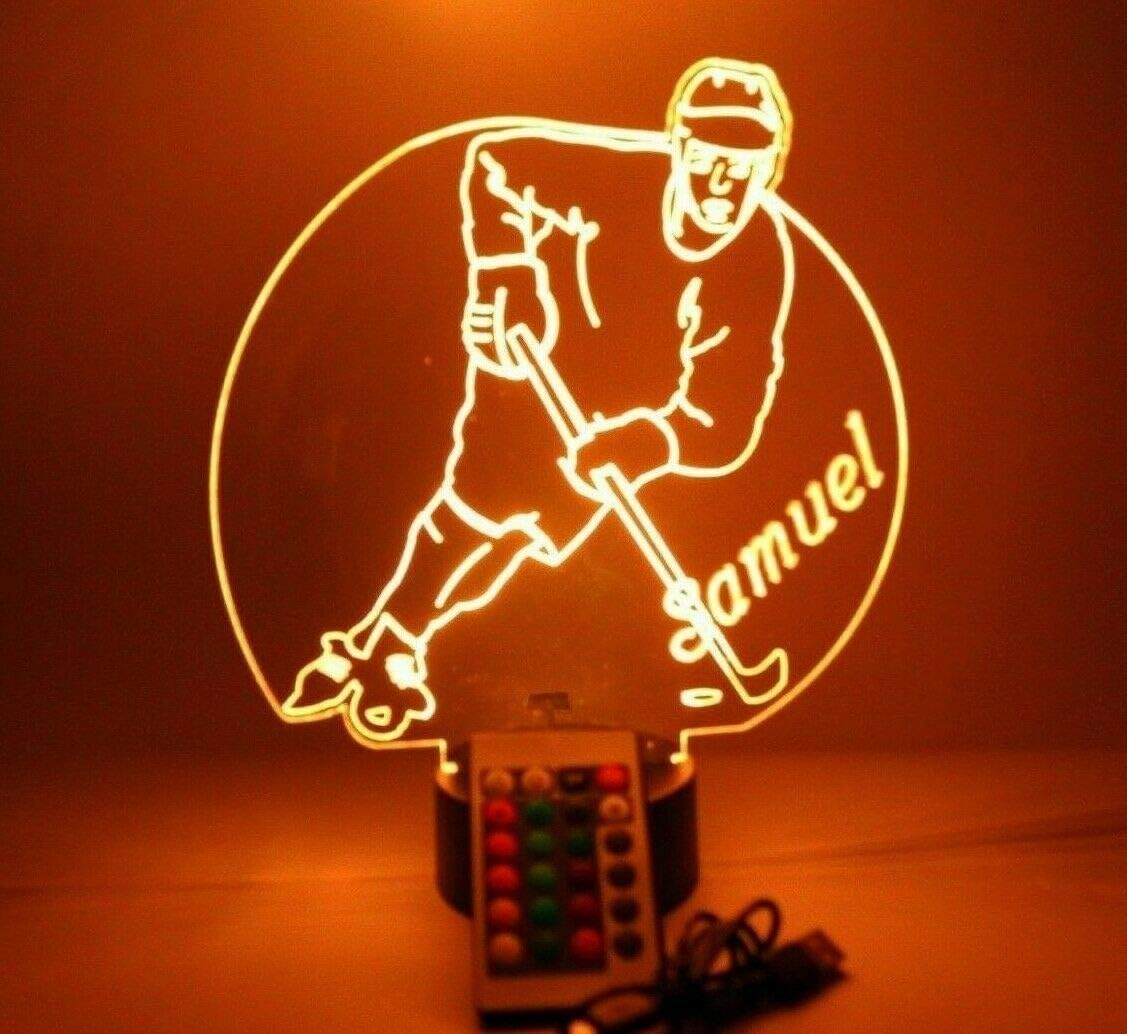 MIRROR MANIA Hockey Light Up Light Lamp LED Free Engraved Custom Name Personalized Ice Hockey Player Table Lamp, with Remote, 16 Different Color Options, Dimmer, It's Wow, Great Gift