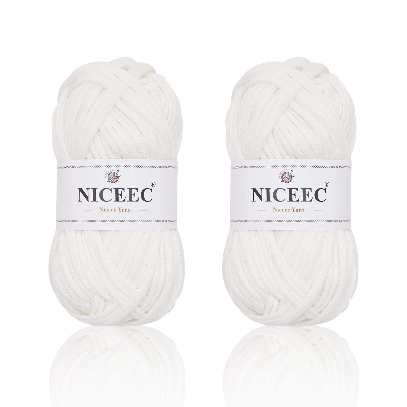 NICEEC2 Skeins Fabric Cloth Yarn T-Shirt Yarn for Crochet Knitting Soild Color Yarn for Hand DIY Craft Bag Basket Cushion-Totle Length 2×32yds(2×30m, 2×100g)-White