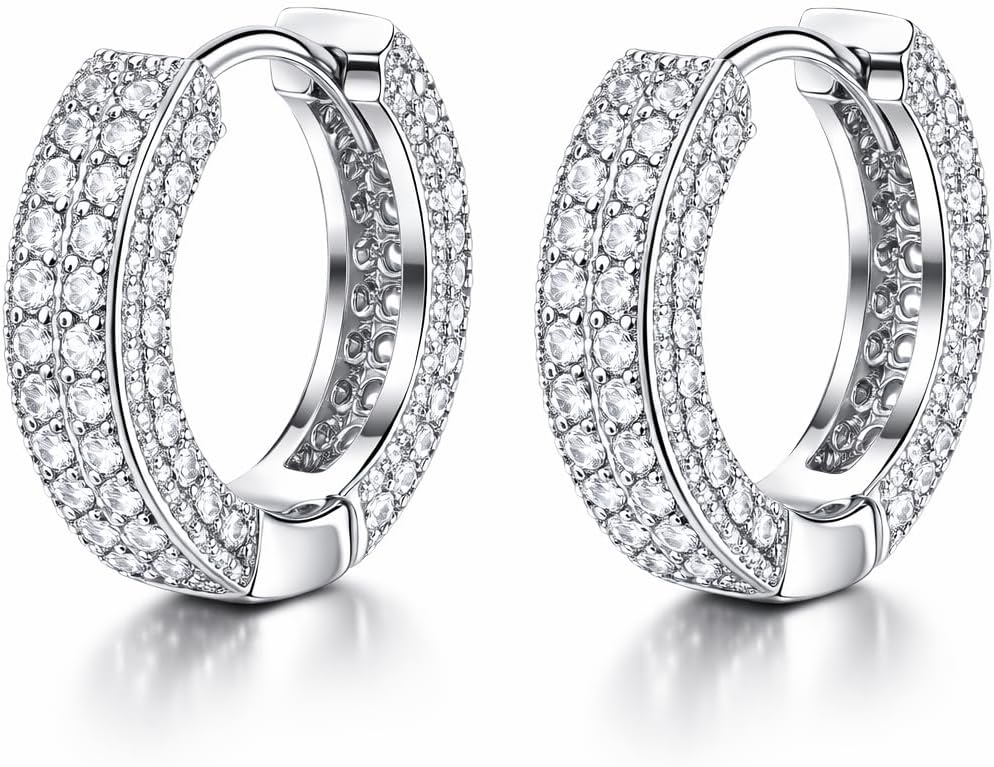 QueenBee 14K Gold Plated Huggie Hoop Earrings for Women – Sparkling Double Row Cubic Zirconia Small Hoops, Hypoallergenic Pave Leverback Earrings, Trendy Jewelry Gift for Her