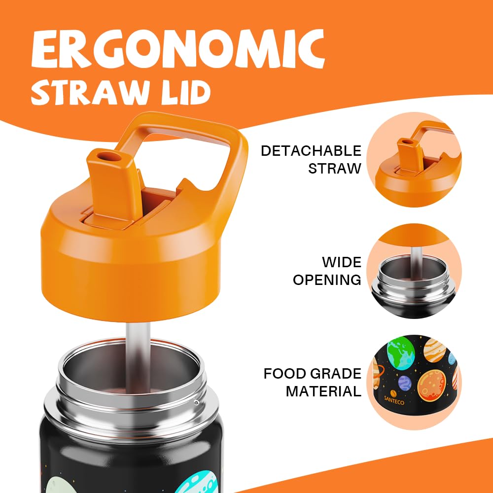 SANTECO Borraccia Bambini Acciaio Inox, Senza BPA, 380ml Borraccia Termica a Prova di Perdite con Cannuccia per Scuole, Facile da Pulire