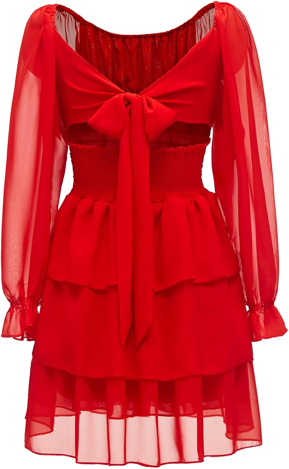 OBBUE Women's Summer Dress Tie Back Square Neck Aline Long Sleeve Layered Swing Mini Dresses - Image 4