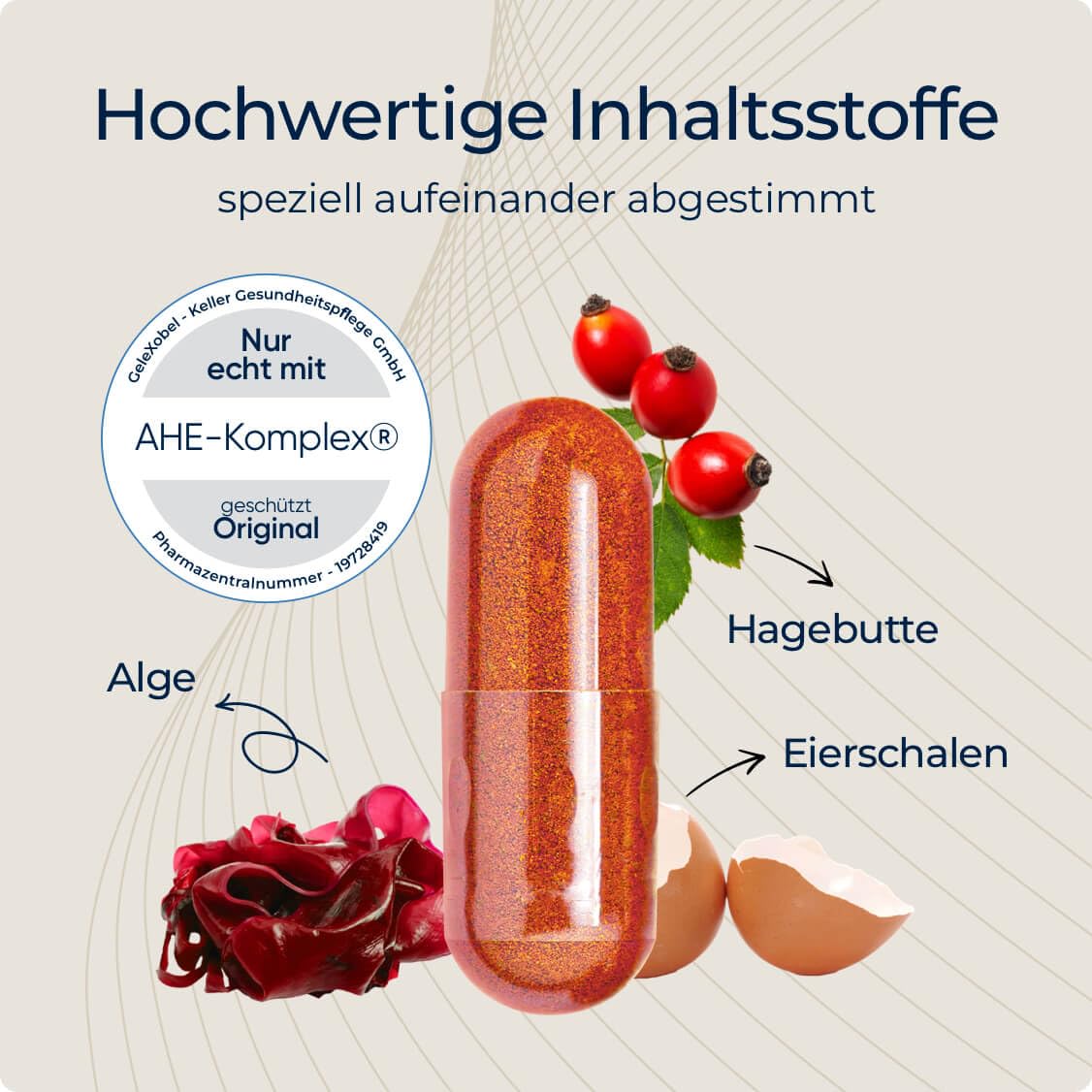 Gelenkkapseln I 120 Kapseln I Nur echt mit AHE-Komplex I Kann die Knorpelfunktion unterstützen I Qualität aus der Apotheke I Astaxanthin, Hagebutte & Eierschalenmembranpulver