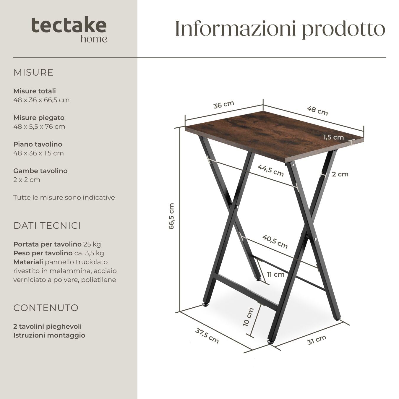 Tectake Phoenix Set di 2 tavolini, truciolato effetto legno, telaio acciaio scuro