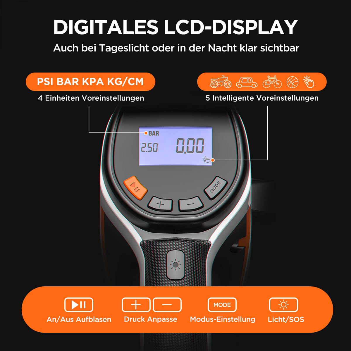Litheli Elektrische Luftpumpe Tragbarer Akku-Kompressor 10000mAh Digitalanzeige LED-Licht Max 10,3 bar