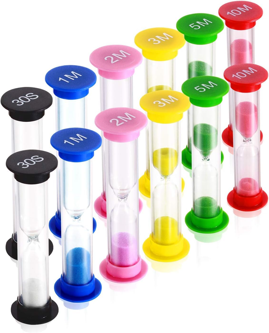 Sand Timer, Plastic Hourglass Timer, MEETOZ 12 Pcs Colorful Hourglass Sandglass Sand Clock Timers Set 30sec / 1min / 2mins / 3mins / 5mins / 10mins for Classroom, Home & Kids Room
