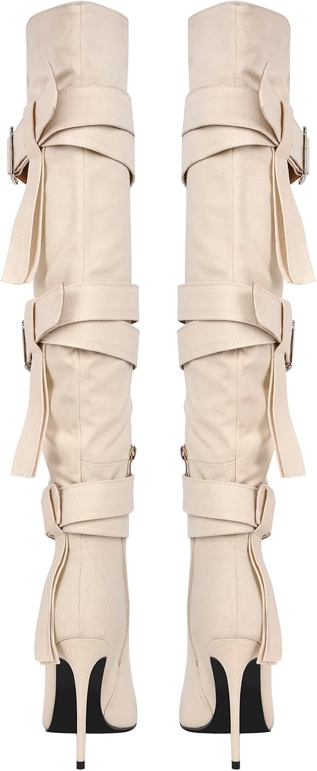 richealnini Women's Thigh High Boots with Straps Canvas Stiletto Heel Sexy Pointed Toe Party Riding Boots - Image 6