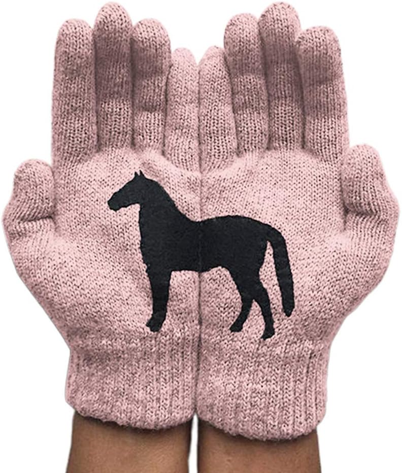 Women’s Winter Warm Knitted Gloves,Cartoon Horse Printed Irregular Patchwork Mittens