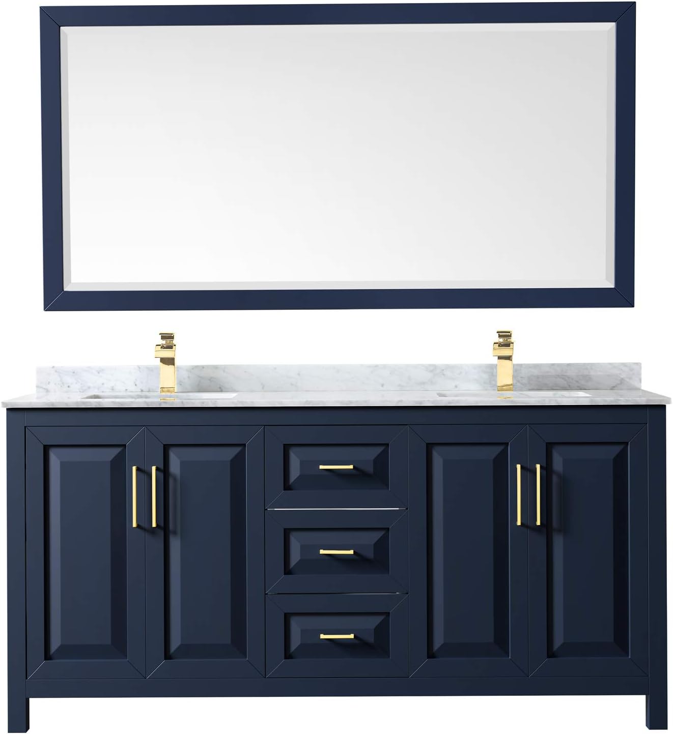 Daria 72 Inch Double Bathroom Vanity in Dark Blue, White Carrara Marble Countertop, Undermount Square Sinks, 70 Inch Mirror