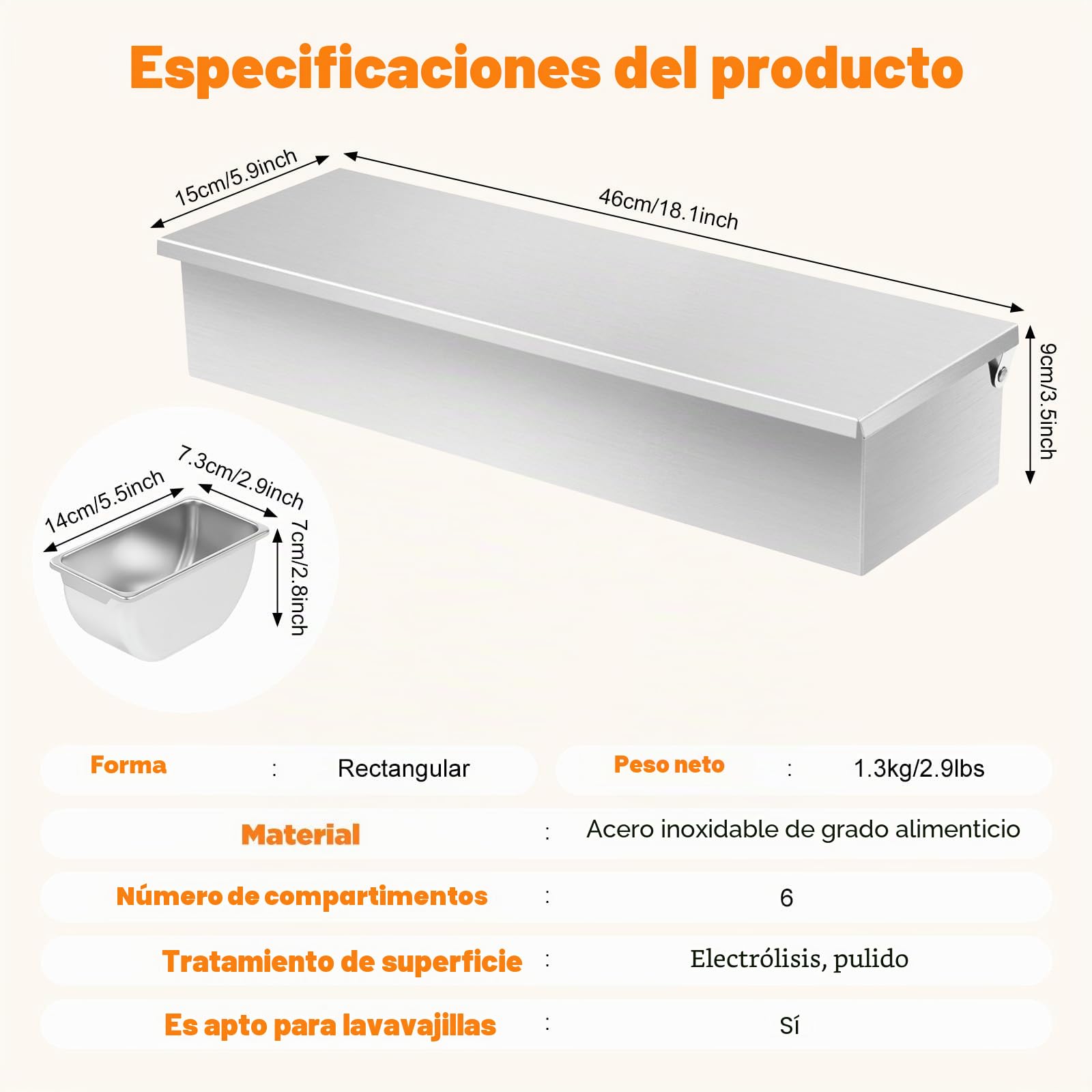 Contenedor para ingredientes de acero inoxidable, 6 compartimentos, con tapa, hermético, apilable, apto para lavavajillas, para gastro y cocina, buffet, ensalada, 46 x 15 x 9 cm