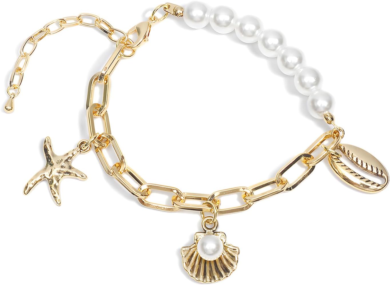 Gold Seashell Pearl Bracelets for Women Boho Starfish SeaShell Bracelet Cowrie Starfish Pearl Charm Bracelets Hawaiian Summer Beach Bracelets Jewelry
