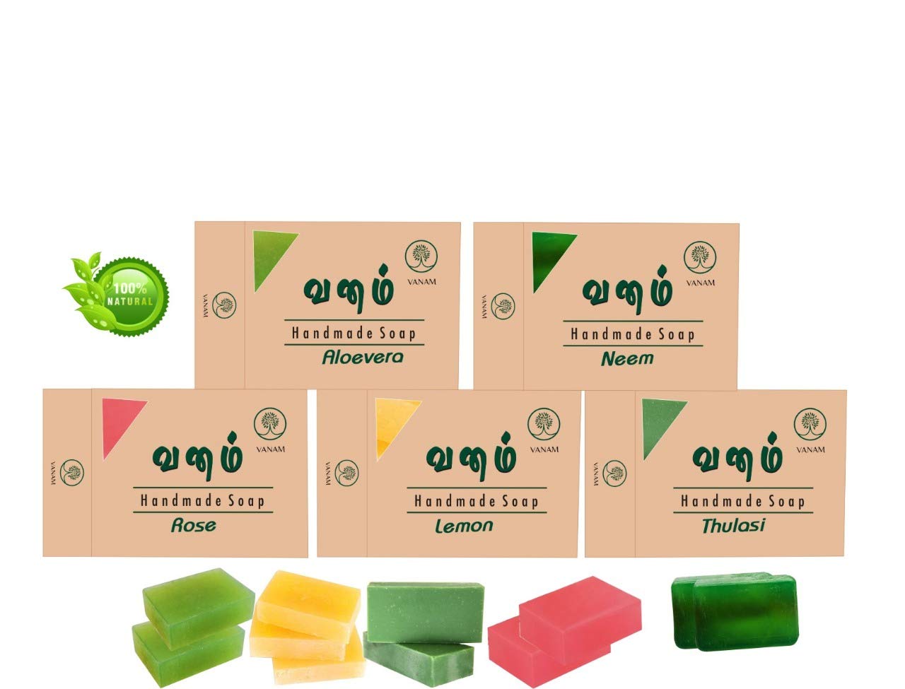 VANAM Herbal Handmade Bath Soap_Set of 5(Aloevera,Neem,Thulasi,Lemon,Rose)_Each 100gm