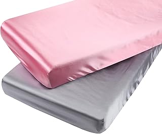 Satin Pack n Play Sheet Set 2 Pack Ultra Soft Silk Fitted Mini Crib Sheets Playard Sheet Protect for Baby Hair and Skin, Grey & Pink