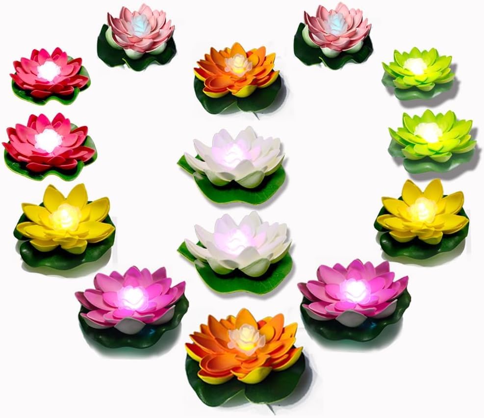 Assaoy Floating Pool Lights,Lotus Flowers Lights,Fun Pool Accessories,Pond Light LED Candles Artificial Flower W/Water Lily Pad for Pool at Night,Garden Valentine's Day Decor 14Pcs