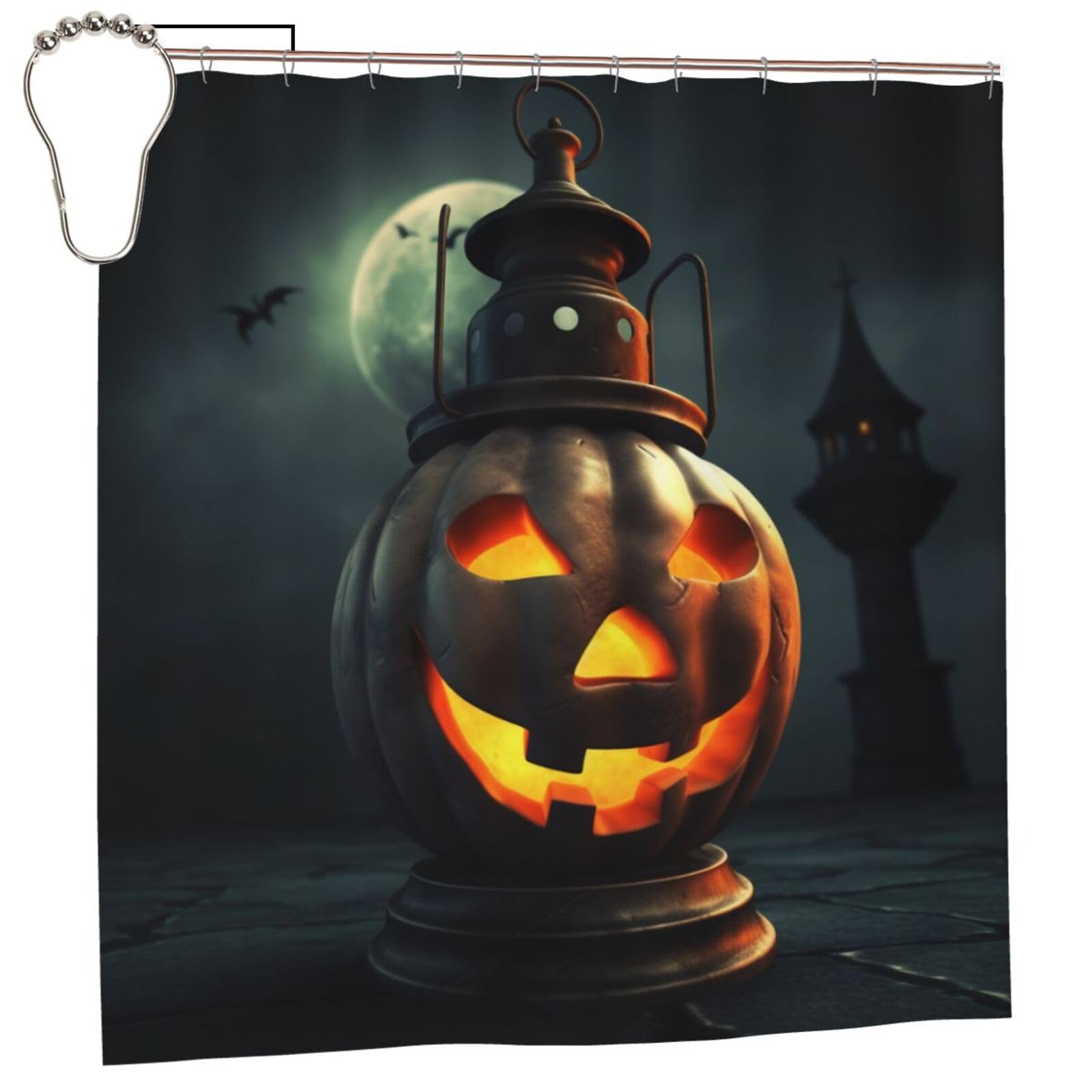 BWWHCCTI Night Halloween Bat Printed Shower Curtain With 12 Iron Hooks Opaque Quick Drying Waterproof Shower Curtains Sets For Bathroom 183x183 CM