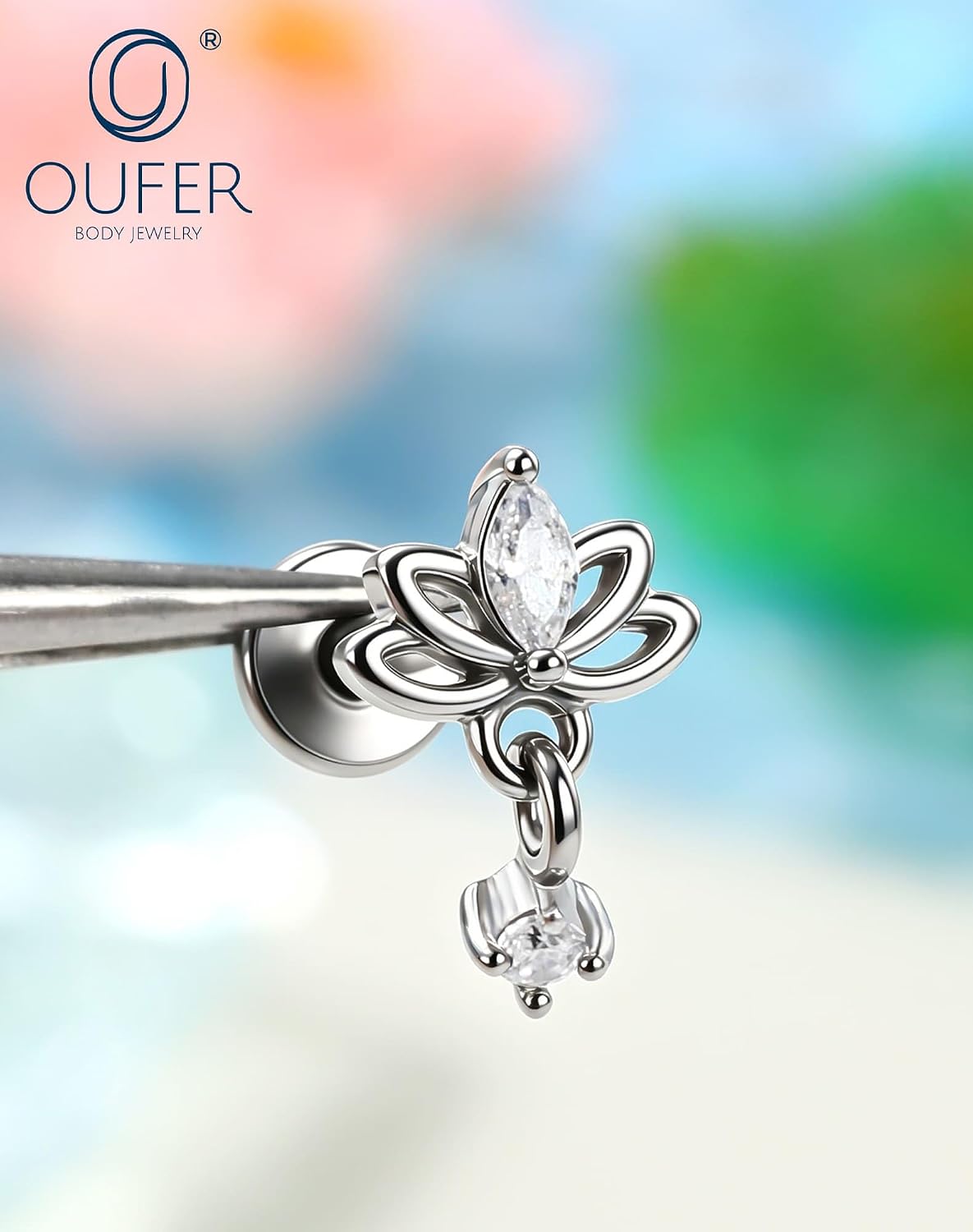 OUFER 16G Helix Piercing Jewelry 8mm Flat Back Lotus Earrings for women | Extended Internally Threaded, 316L Surgical Steel, Hypoallergenic, Daily Wear for Helix Tragus Conch & Labret Piercings