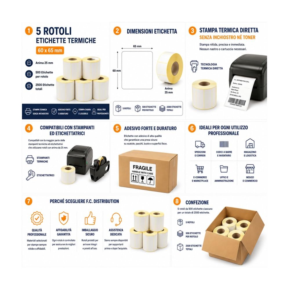 Etichette Termiche 60 x 65 mm 5 Rotoli da 500 Etichette – Anima 25 mm – 2500 Etichette Adesive per Stampanti Termiche, Etichettatrici, Logistica, Spedizioni, Magazzino F.C. Distribution