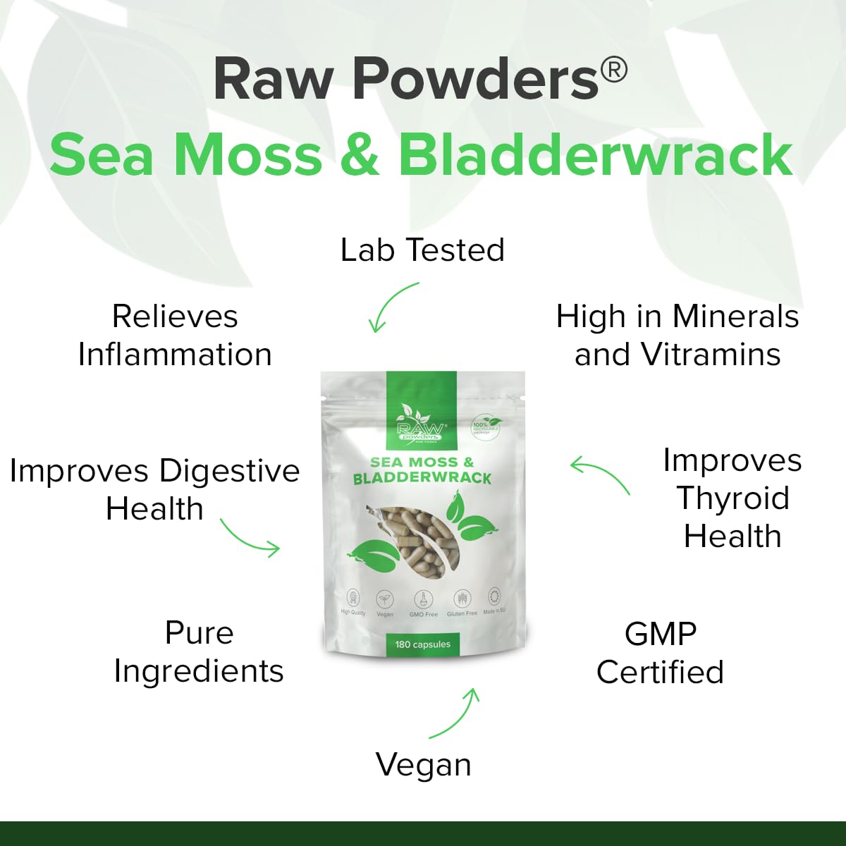 Irish Sea Moss Kapseln mit Blasentang – 180 vegane Kapseln – Nährstoffreiches Superfood – 45–60 Tage Vorrat – Ohne Zusatzstoffe – Hergestellt in der EU – RAW Powders