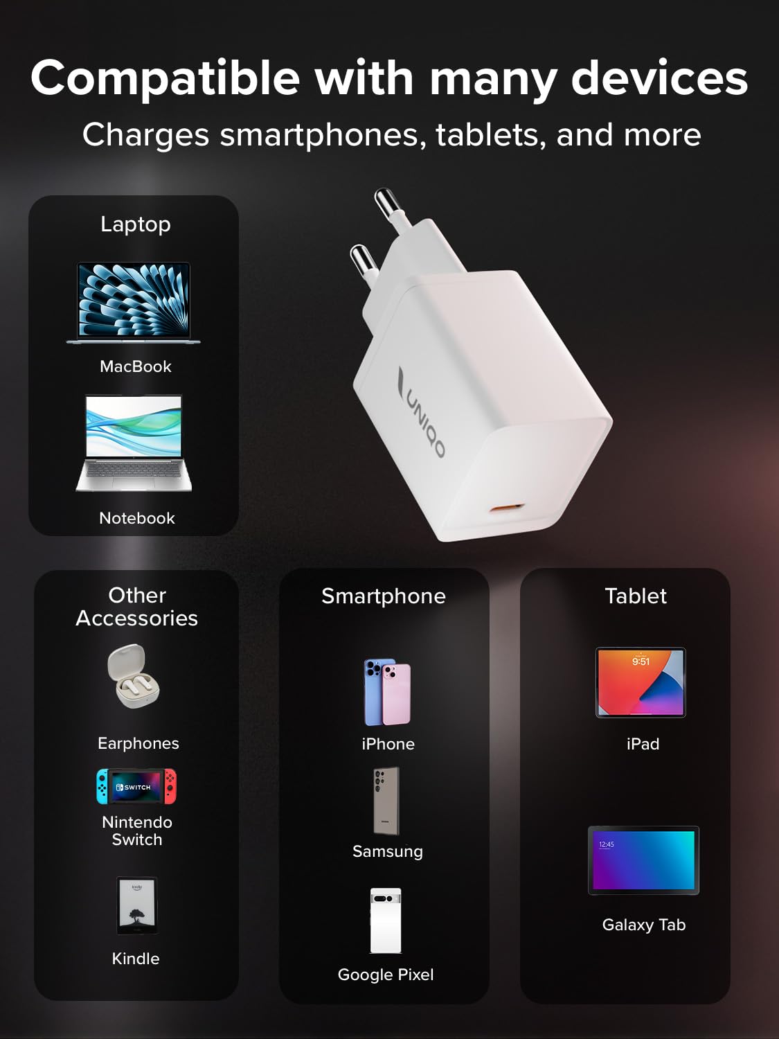 UNIQO Ładowarka GaN Nano 45W, USB-C ładowarka, GaN Technology, Ultrakompaktowy Adapter, Zasilacz Power Delivery (PD 3.0 PPS), ładowarka do iPhone'a, Androida, Tabletu, Laptopa, MacBooka, Białego