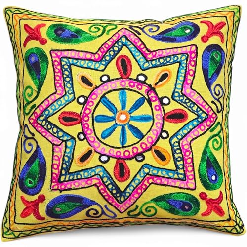 Original Kikan Funda de cojín estilo bohemio con diseño de estrella india Suzani, 40 x 40 cm, bordado multicolor de Suzani, 40,6 x 40,6 cm, fundas de cojín étnico, vegano, ecológico (amarillo)