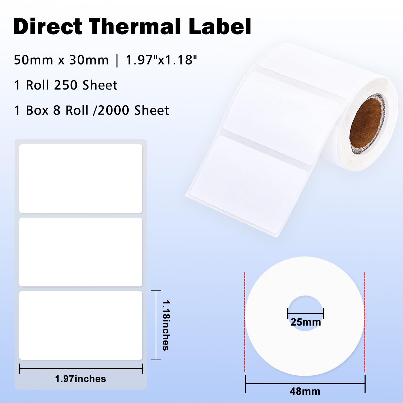 LENVII 50mm x 30mm Autoadesiva Etichetta Termica Sintetica,1.97 x 1.18 pollici Etichetta termica,Resistente allo strappo,Impermeabile,Resistente alle alte temperature (1 rotolo 250 pezzi / 8 rotoli)