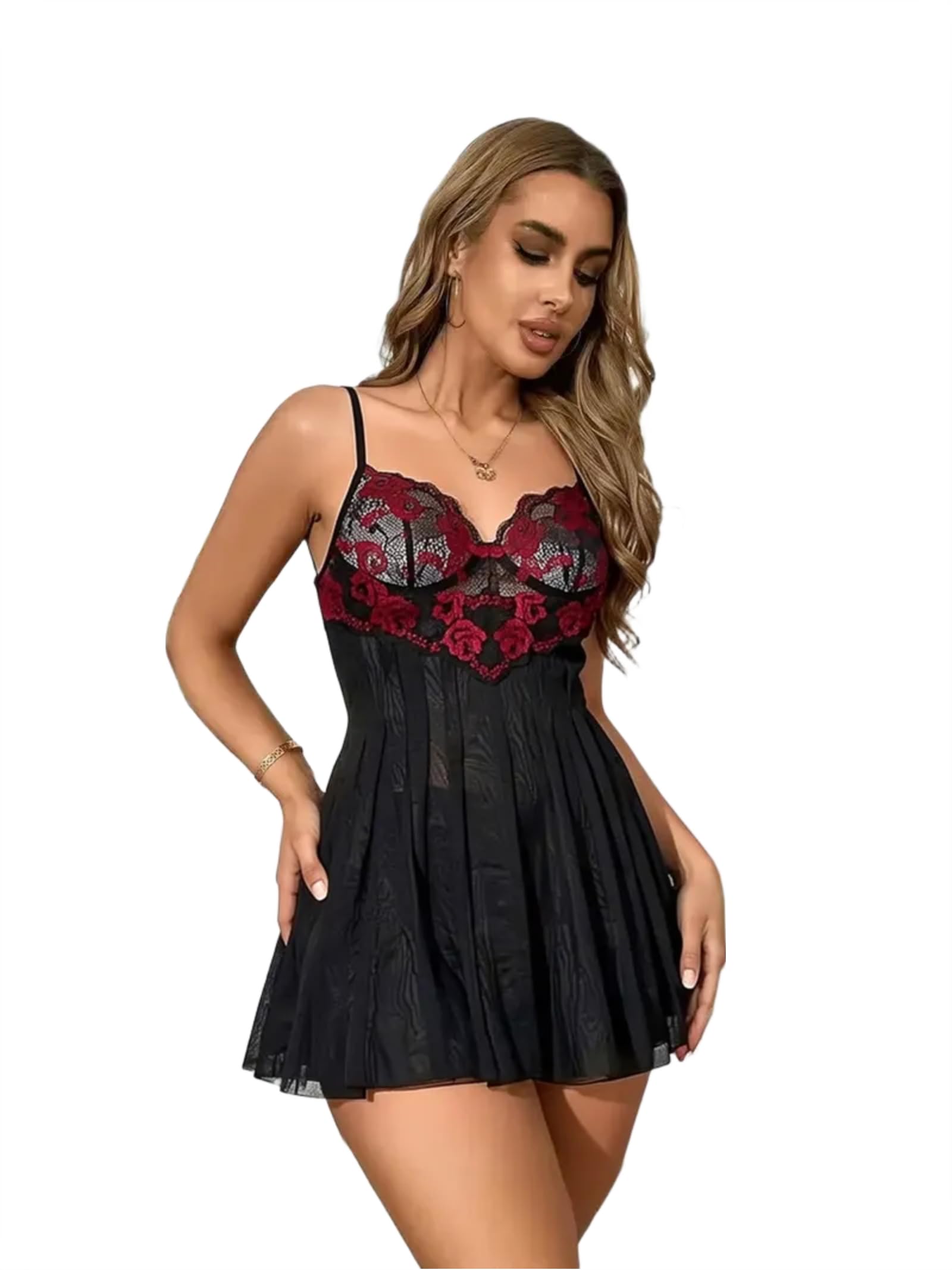 Women's Black Lace Babydoll Lingerie Dress with Floral Embroidery-image-30