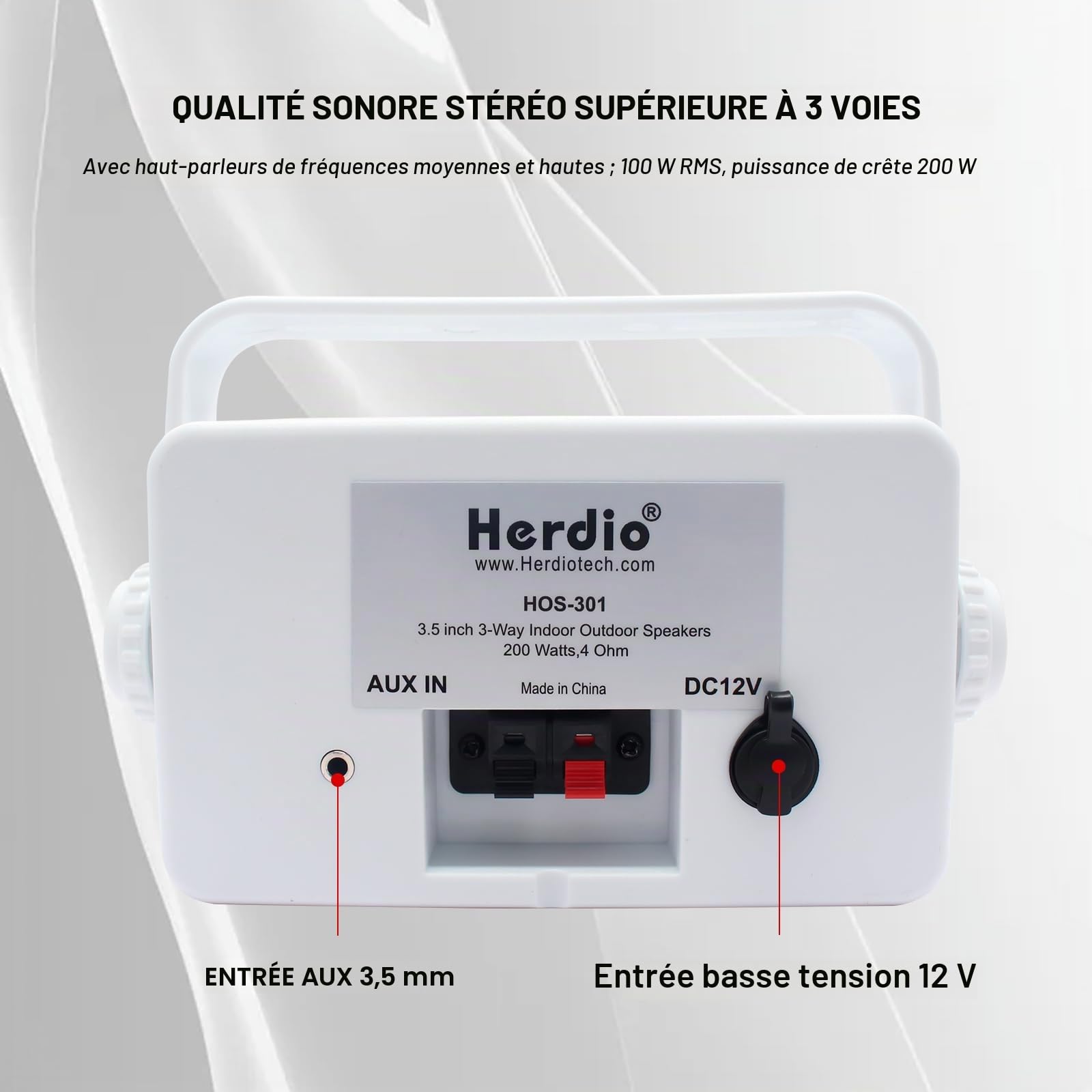 Herdio 3,5" 200 W Haut-parleurs Bluetooth Filaire de - 3 Voies - Étanche - Résistant aux intempéries - Bluetooth Enceintes d'extérieur pour extérieur, Patio, Camping, Bateau, terrasse, Restaurant