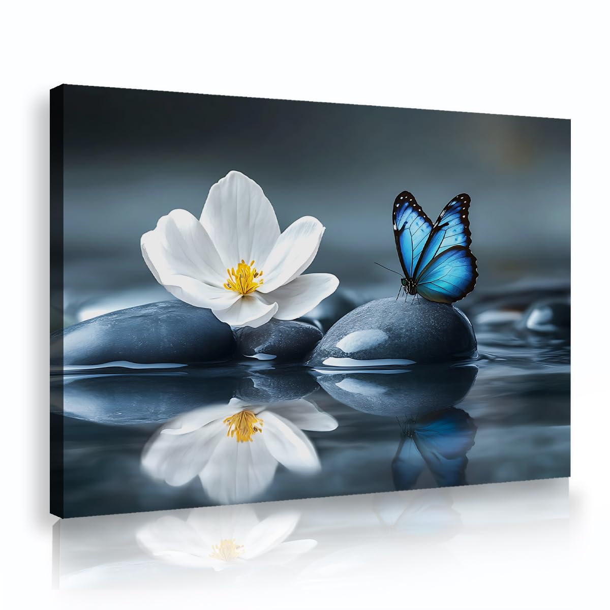 Via Vela Blue Butterfly Framed Canvas Prints White Blossom Flower Picture Zen Basalt Water Ripple Art Poster For Bathroom Salon Bedroom Wall Decor 70x110cm