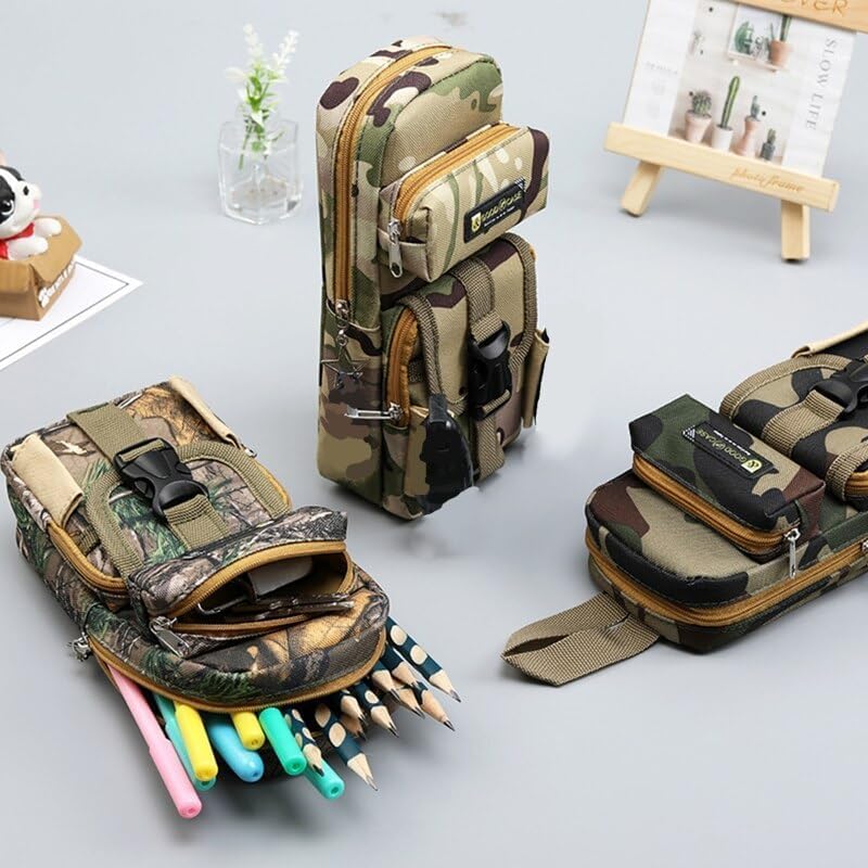 Image of Large Capacity Camouflage Pencil Case, 5 Layer Design, 3 Compartments, Fabric Construction, Zip Closure, Aesthetic School Organizer Bag