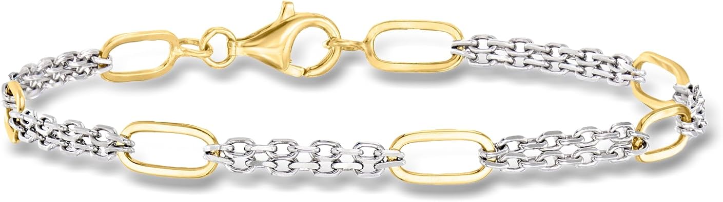 Ross-Simons Sterling Silver and 18kt Gold Over Sterling Cable and Paper Clip Link Station Bracelet