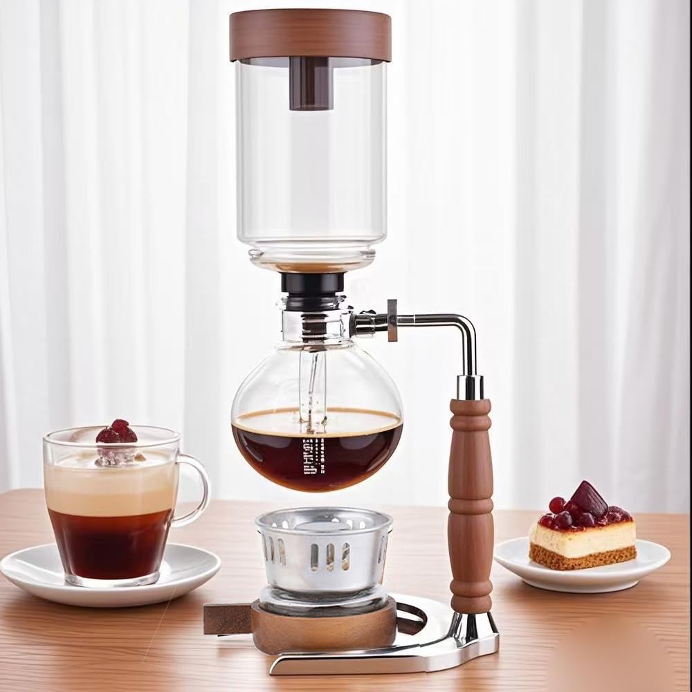 Glas-Siphon-Kaffeemaschine für 3 Tassen mit rustikalen Holzdetails