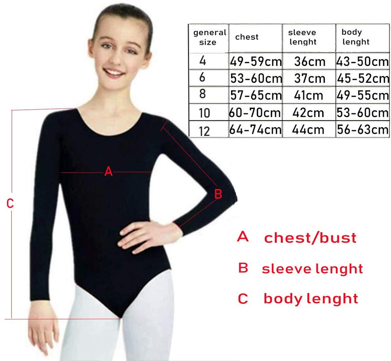 Maillot de Danza Ballet Gimnasia Leotardo Body Clásico Elástico para Niña Manga Larga Cuello Redondo Negro 12 años