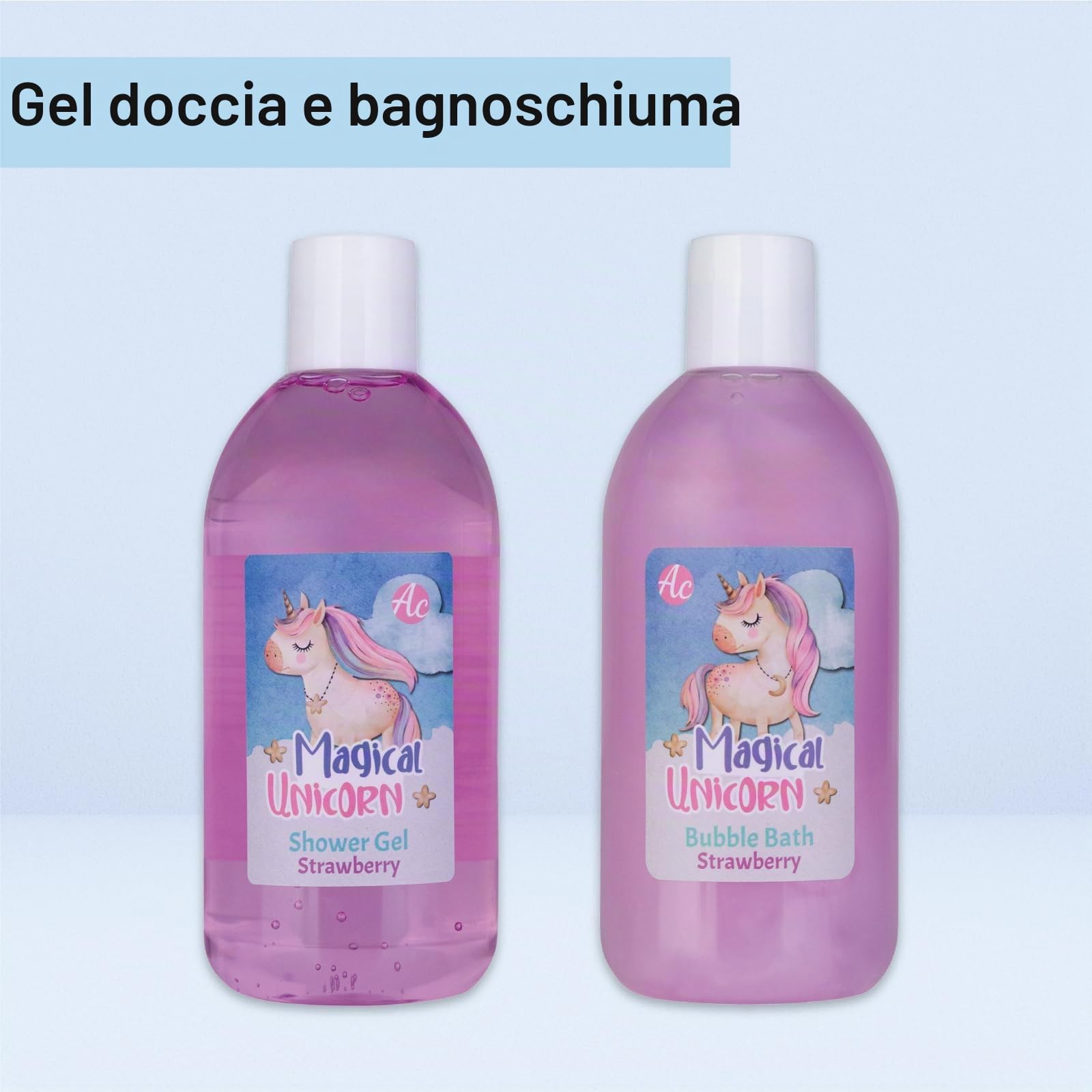 Accentra – Set regalo Magic Unicor per ragazze e donne – Set doccia 6 pezzi con bagno di schiuma, bomba da bagno, gel doccia, lozione per il corpo e altro ancora – Set per la cura con fragola e