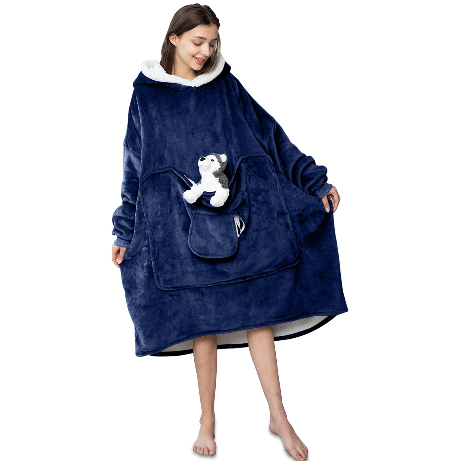 Wearable Blanket Hoodie, Oversized Soft Warm Sherpa Fleece Hoodie Cozy Sweatshirt with Pets Giant Pocket (Blue)