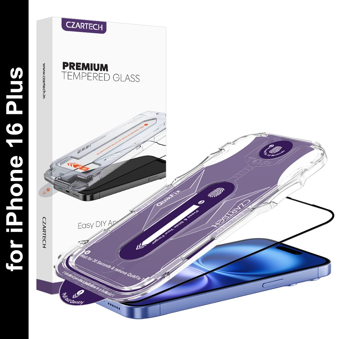 CZARTECH Auto Align [MATTE] Tempered Glass for iPhone 16 Plus Screen Protector with QuikFix Applicator & Easy Cleaning Kit |9H Glass |Dust/Scratch Proof | Bubble Free | 6ft Drop Protection-picture-23