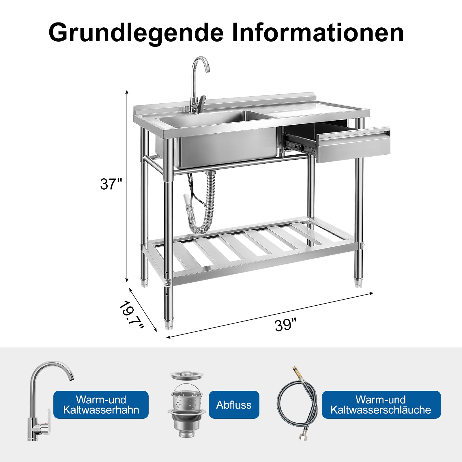 Trintion Freistehende Edelstahl Spültisch, 1 Becken mit Rechte Schublade, Gewerbliche Spülbecken mit Wasserhahn,Kalt und Warmwasserschläuchen, Innen-und Außenspüle für Waschküche, Bauernhaus(99cm)
