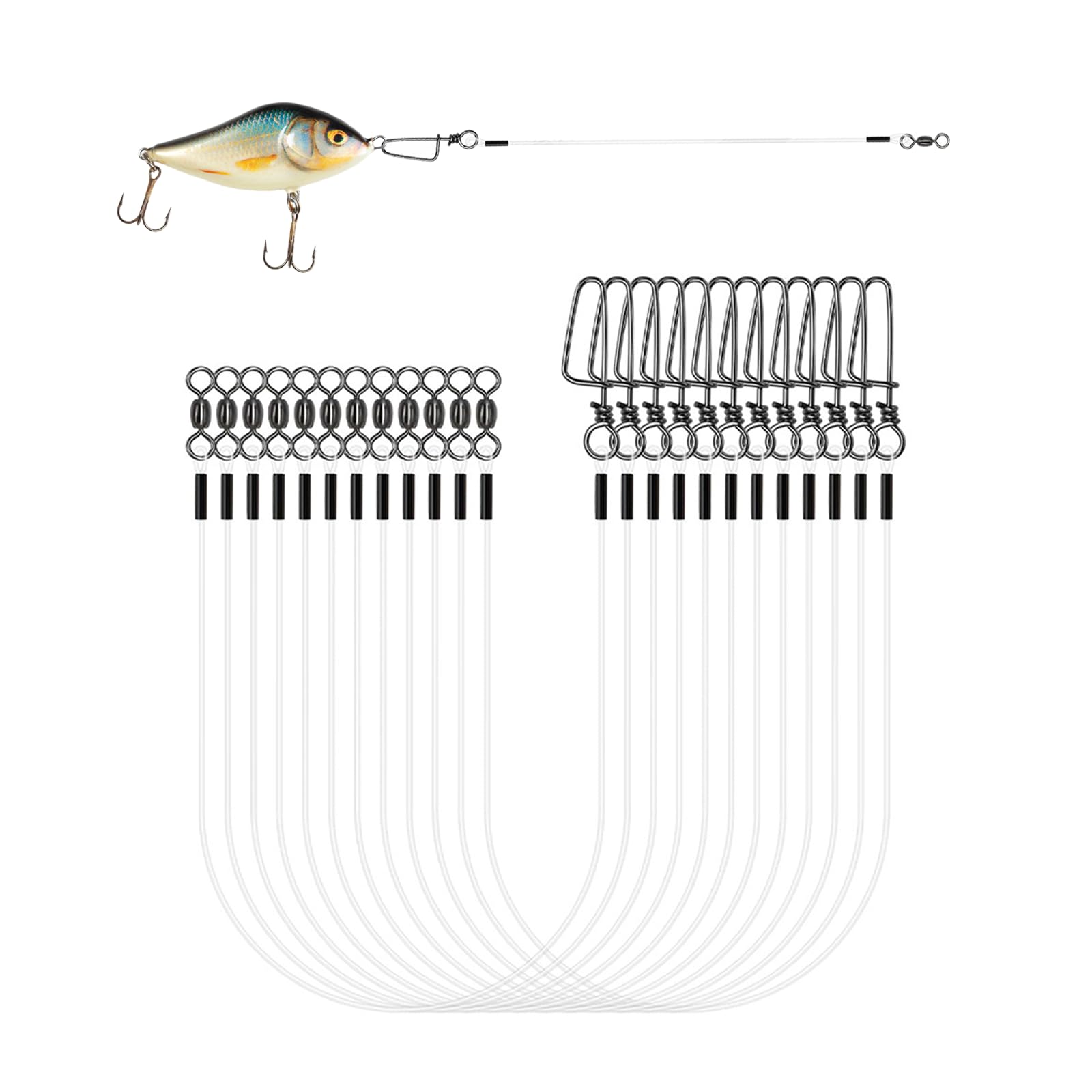 12 anzuelos de acero para pesca de lucio, de fluorocarbono, con remolino y mosquetón, accesorios de pesca para pesca de spinning, anzuelos de pesca para agua salada y agua dulce