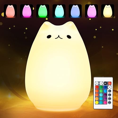 Litake - Lámpara LED nocturna de gatito de silicona, recargable, para niños y bebés, 7 colores cambiantes, para habitación de niños (gato famoso)