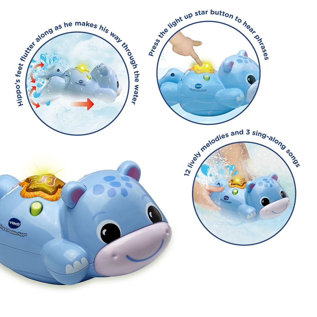VTech Sing and Paddle Hippo, Swimming Hippo Bath Toy, Interactive Light-up Button with Phrases and Songs, Gift for Babies 12 - Image 3
