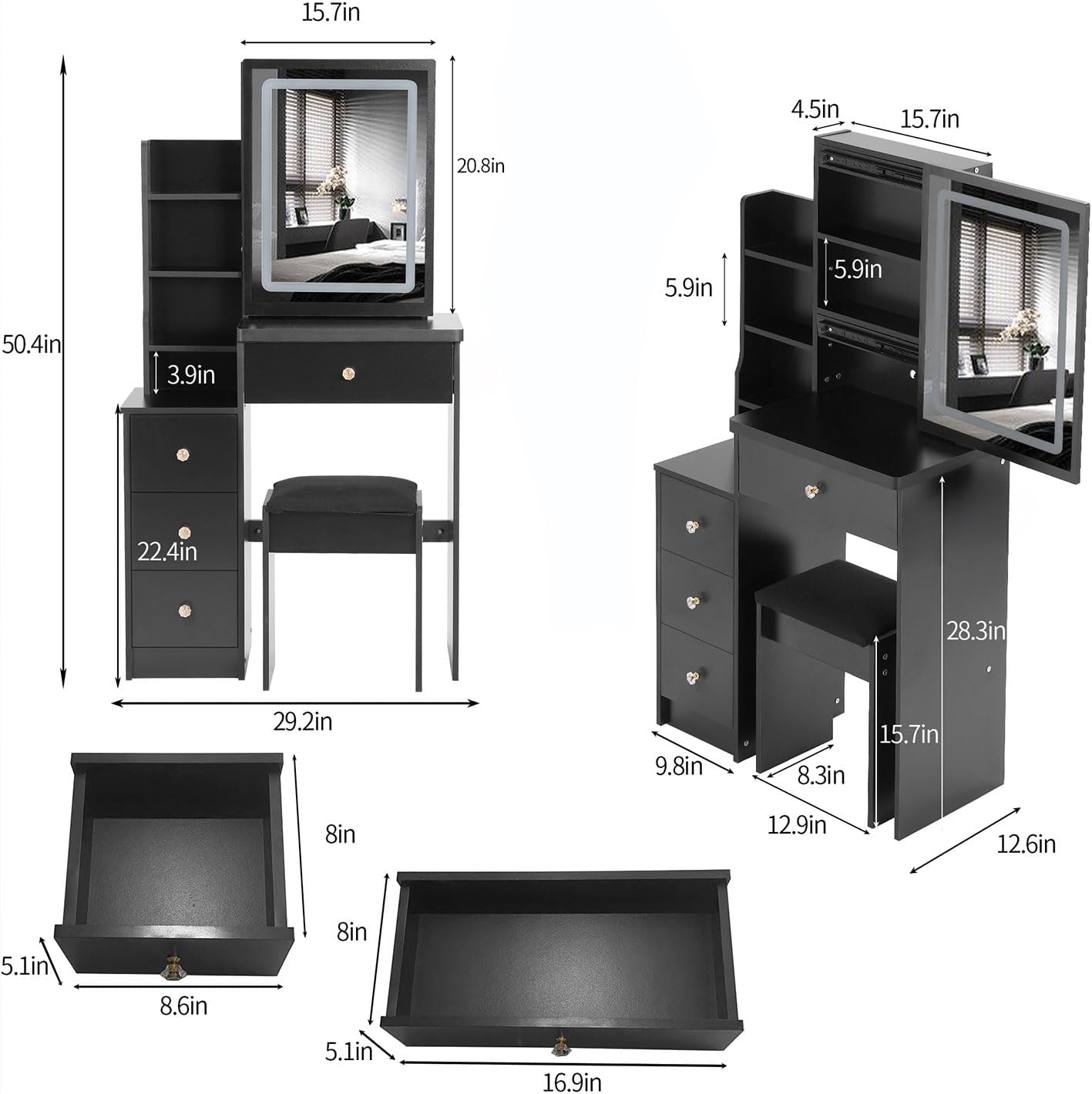 Vanity Desk with Sliding Mirro and 3 Adjustable Lighting Modes, Small Set Chair, 4 Drawers, Storage Shelf, Bedroom Makeup Dressing Table,Black (Black)