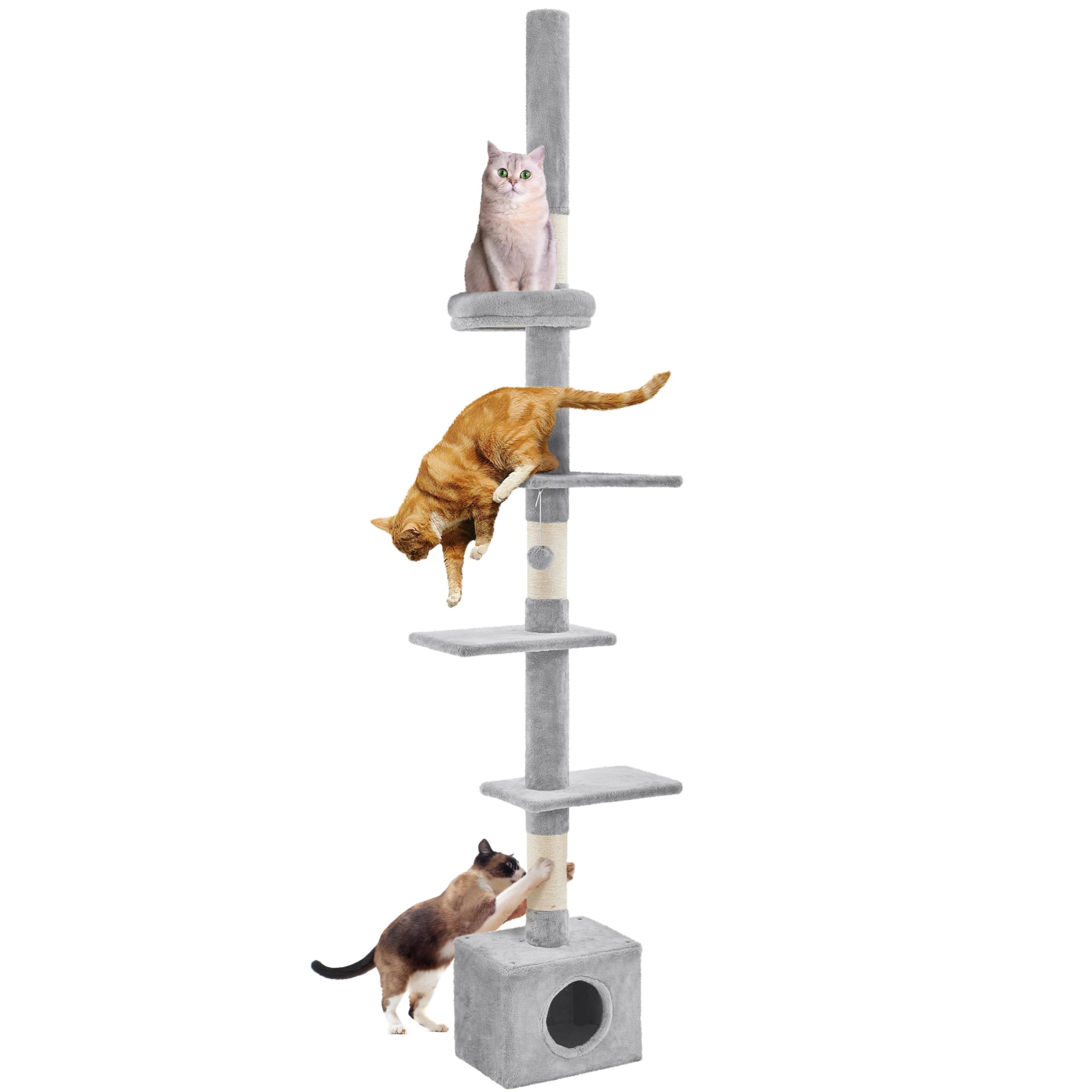 Yaheetech 226-265,5 cm Kratzbaum XXL Katzenbaum mit Deckenspanner hellgrau | Höhenverstellbar | Deckenhoch Katzenkratzbaum | mit 3 Kratzsäulen & 4 Plattformen | Flexibel Design | Kletterbaum