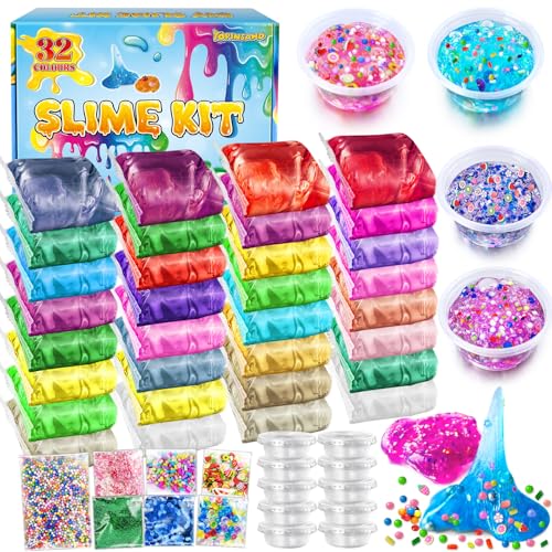 32 Colori DIY Slime Kit Slime Making per Ragazze, Crystal Clear Slime, Glow in The Dark Slime con Sfere di Schiuma Aggiuntive, Charms, Glitter, Giocattolo Regalo per Bambini