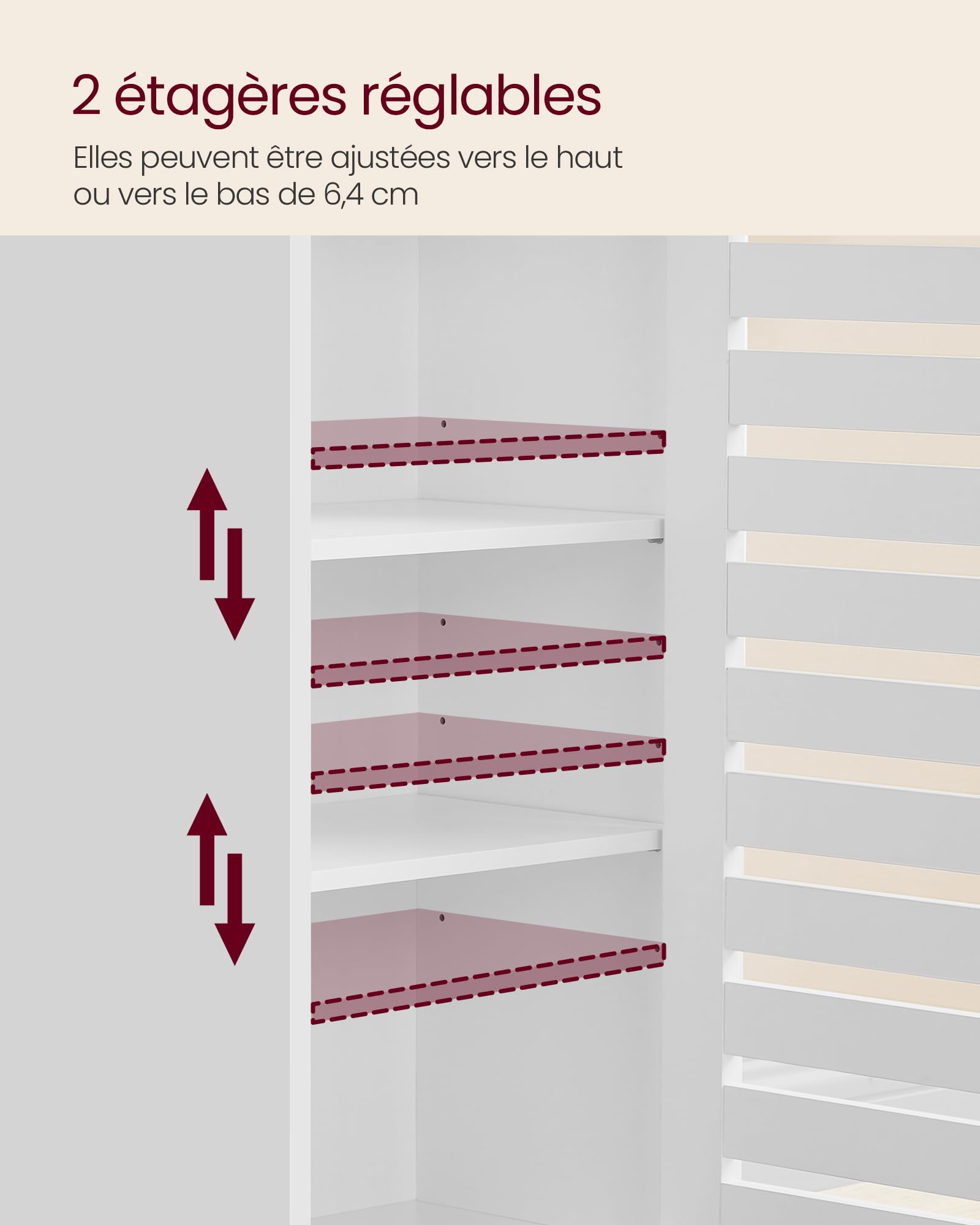 VASAGLE Meuble de Salle de Bain, Étagère de Rangement, Placard Haut, avec 3 Compartiments Ouverts et 2 Étagères Réglables, Salon, Entrée, Blanc Nuage BBK160W01