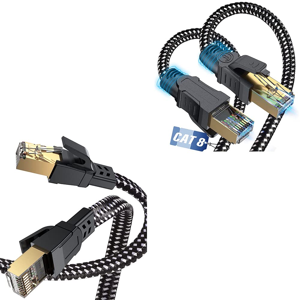 SWECENTCat 8 Ethernet Cable 15ft,Nylon Braided High Speed Heavy Duty 40Gbps 2000Mhz Flat Network LAN Patch Cord,Cat 8 Ethernet Cable 30ft SFTP RJ45 Internet Cable