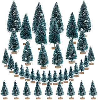 LOOPES 40Pcs Mini Christmas Tree Artificial Miniature Sisal Tree Snow Frost Ornament Green Blue Pine Tree Model with Wooden Base for Xmas Party Home Holiday School DIY Craft Shop Showcase Decoration