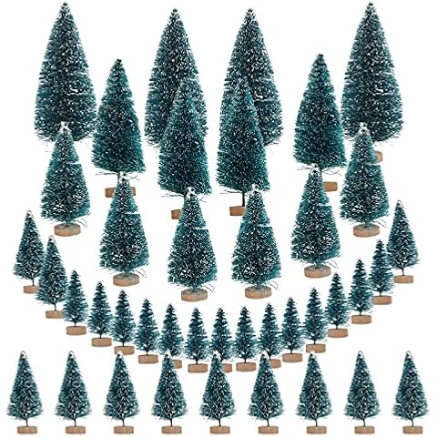 LOOPES 40Pcs Mini Christmas Tree Artificial Miniature Sisal Tree Snow Frost Ornament Green Blue Pine Tree Model with Wooden Base for Xmas Party Home Holiday School DIY Craft Shop Showcase Decoration Cover