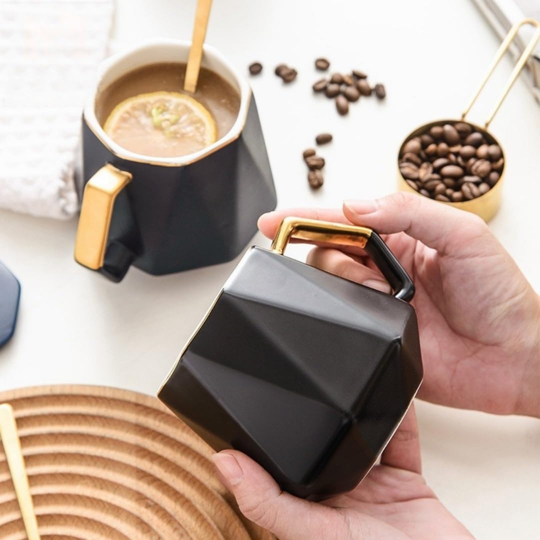 Porcelana Vaso De Agua De Cerámica De 400 Ml Con Acabado Dorado En Forma De Diamante Para Oficina, Color Negro