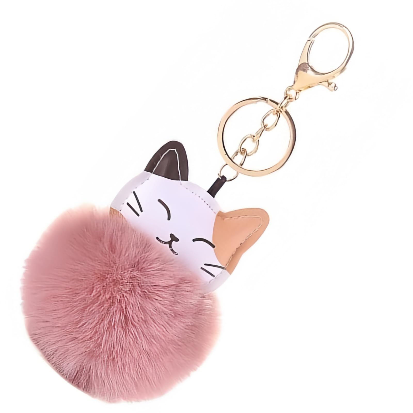 Pchnfei Pink Cute Cat Shape Pom Pom Keychain Plush Ball Car Keychain Pendant Fluffy Keyring Charm for Women Girls Bag Purse Decor Keychains Accessories