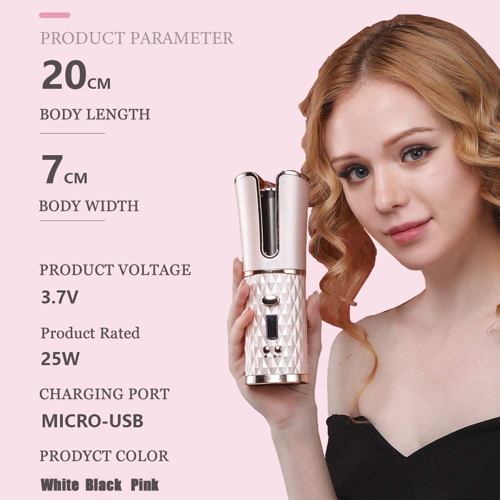 Rizador de Pelo Automático Inalámbrico, Rizador y Alisador Multifuncional de Doble Uso con Temperatura y Temporizador Ajustables, Rizador Portátil de Carga USB (Rosado)